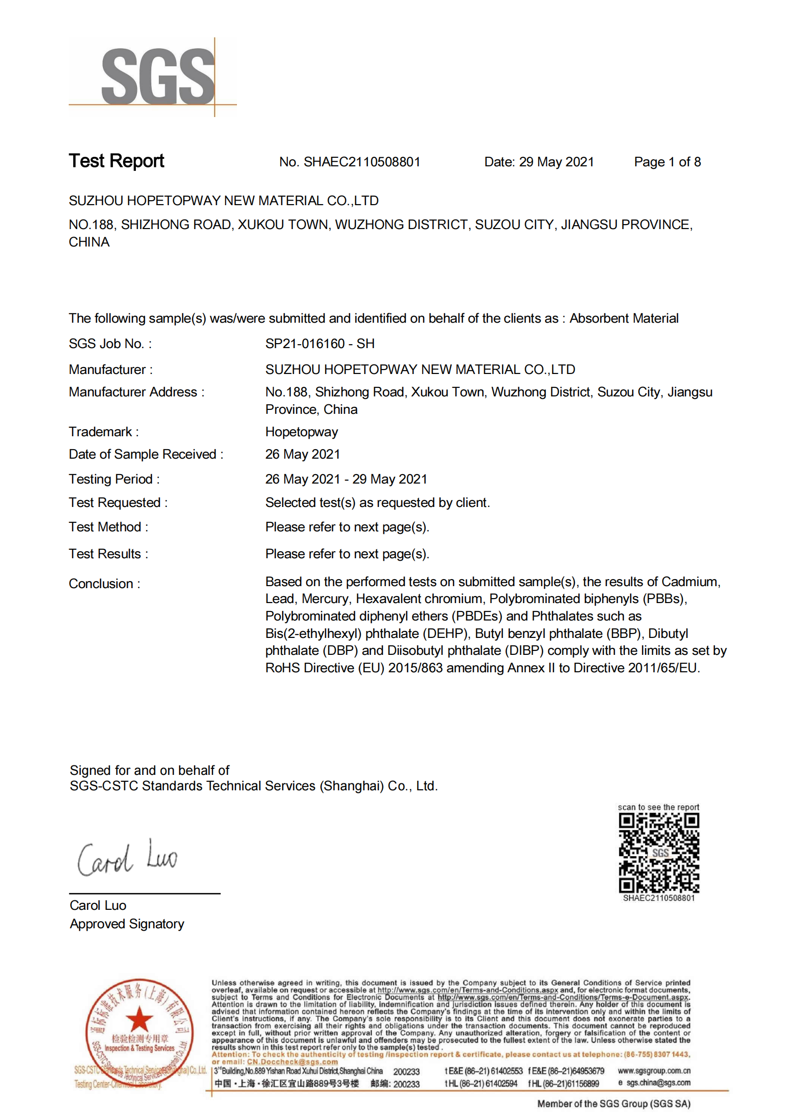 Relatório do SGS de materiais absorventes